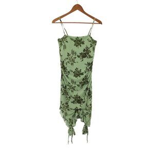 Almost Famous Women's Green Floral Slip Dress L Ruched Tie Hem Y2K